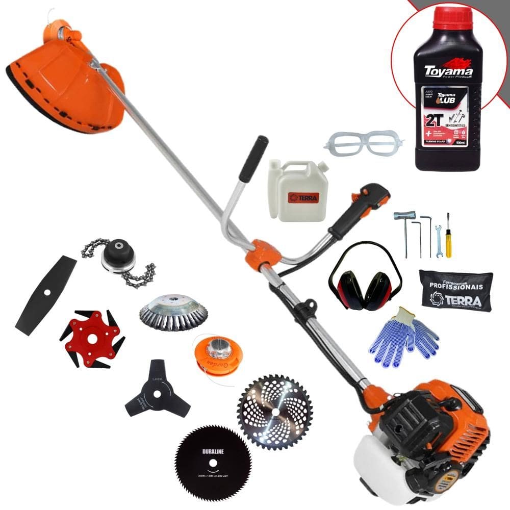 Roçadeira Terra GR520-XP 52cc 2,5HP Com Carretel + Faca 2 Pontas, 3 Pontas, 6 Pontas, 40 Dentes, 80 Dentes, Trimmer e Escova + ÓLEO TOYAMA 2T + EPI