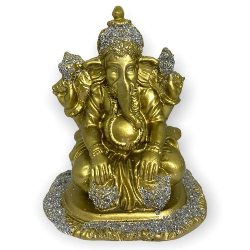 Escultura Ganesh Batucando 10Cm Prata E Dourado Em Resina