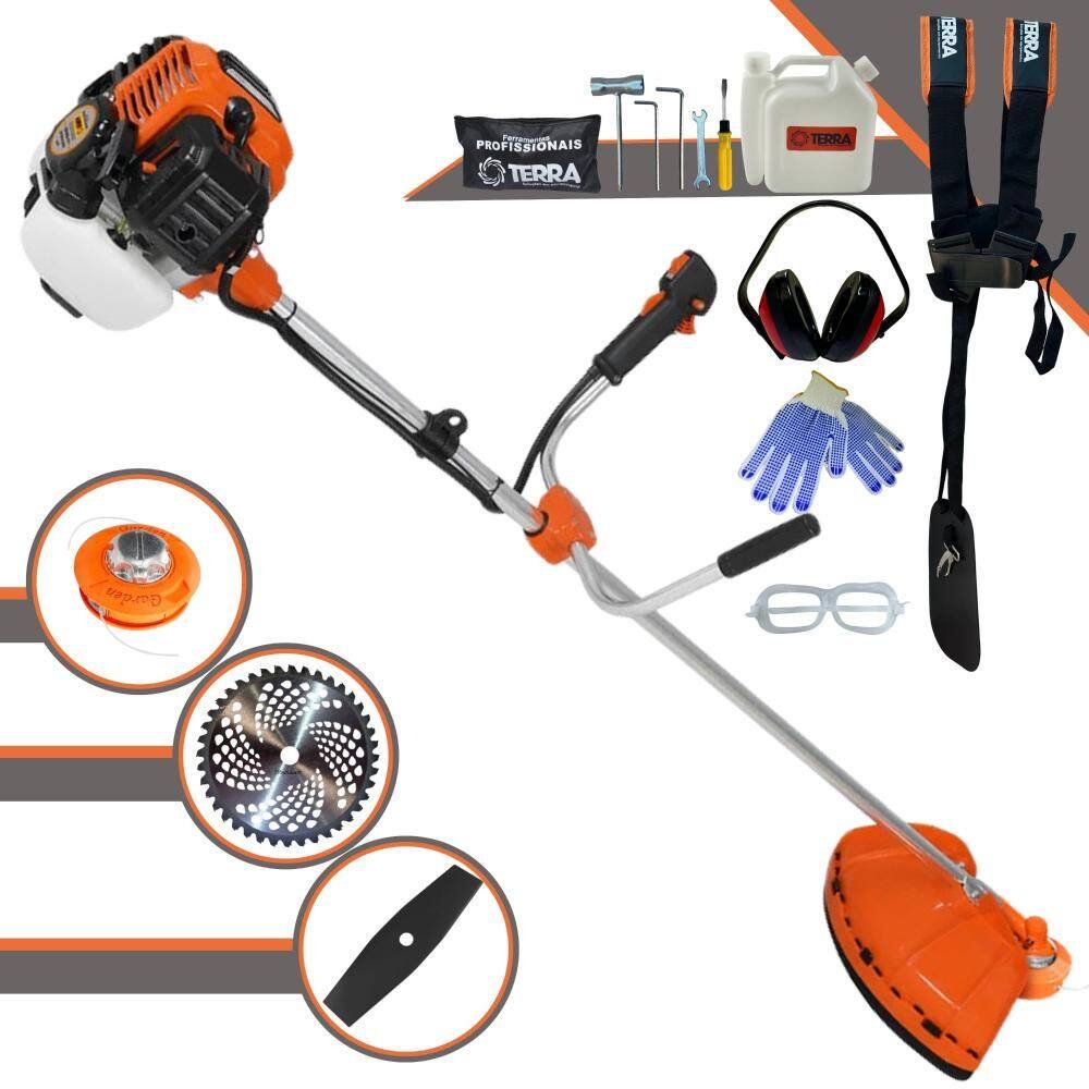 Roçadeira Podador de Grama Profissional Terra GR520XP À Gasolina 2T 52cc 2,5HP 6.500rpm + Lâmina 40 Dentes de Vídea + Lâmina 2 Pontas + Carretel + EPI