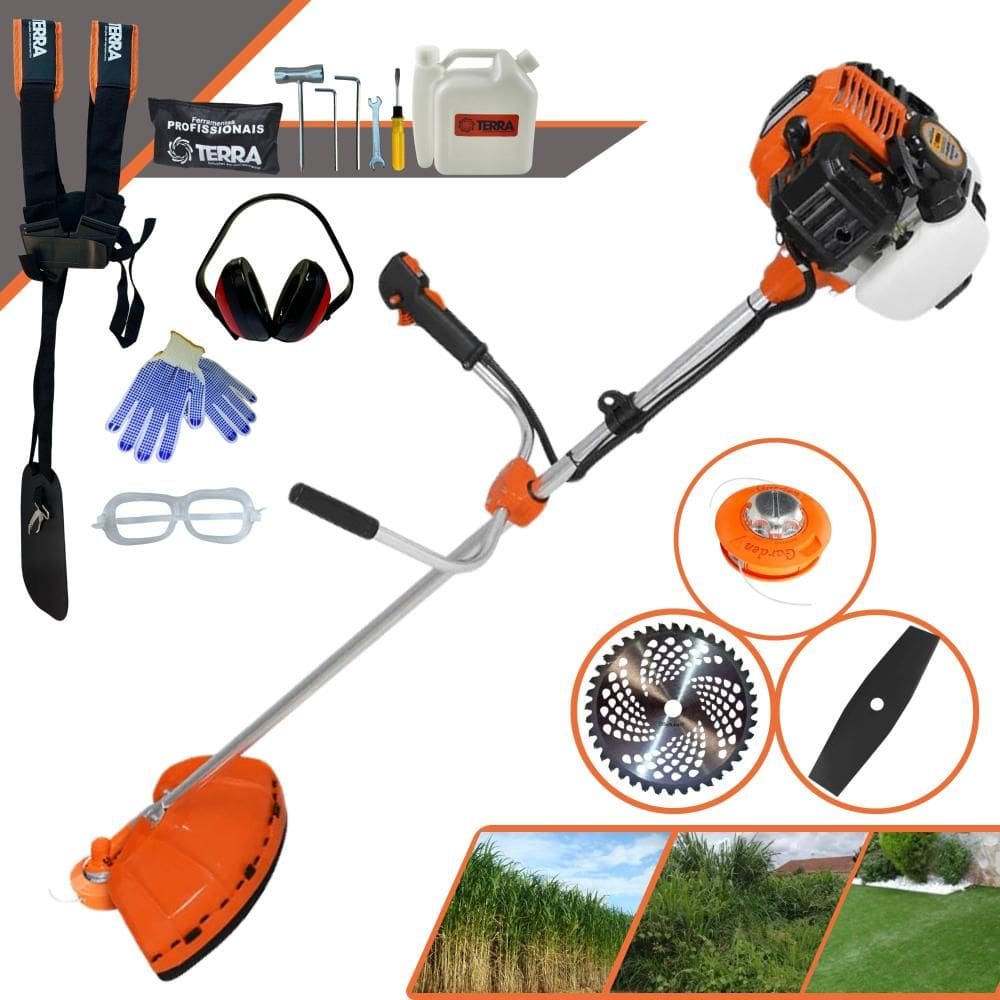 Roçadeira Multifuncional À Gasolina Terra GR520-XP 52cc 2,5HP 2T Alta Rotação Com Carretel de Nylon + Faca 40 Dentes de Vídea + Faca 2 Pontas + EPI