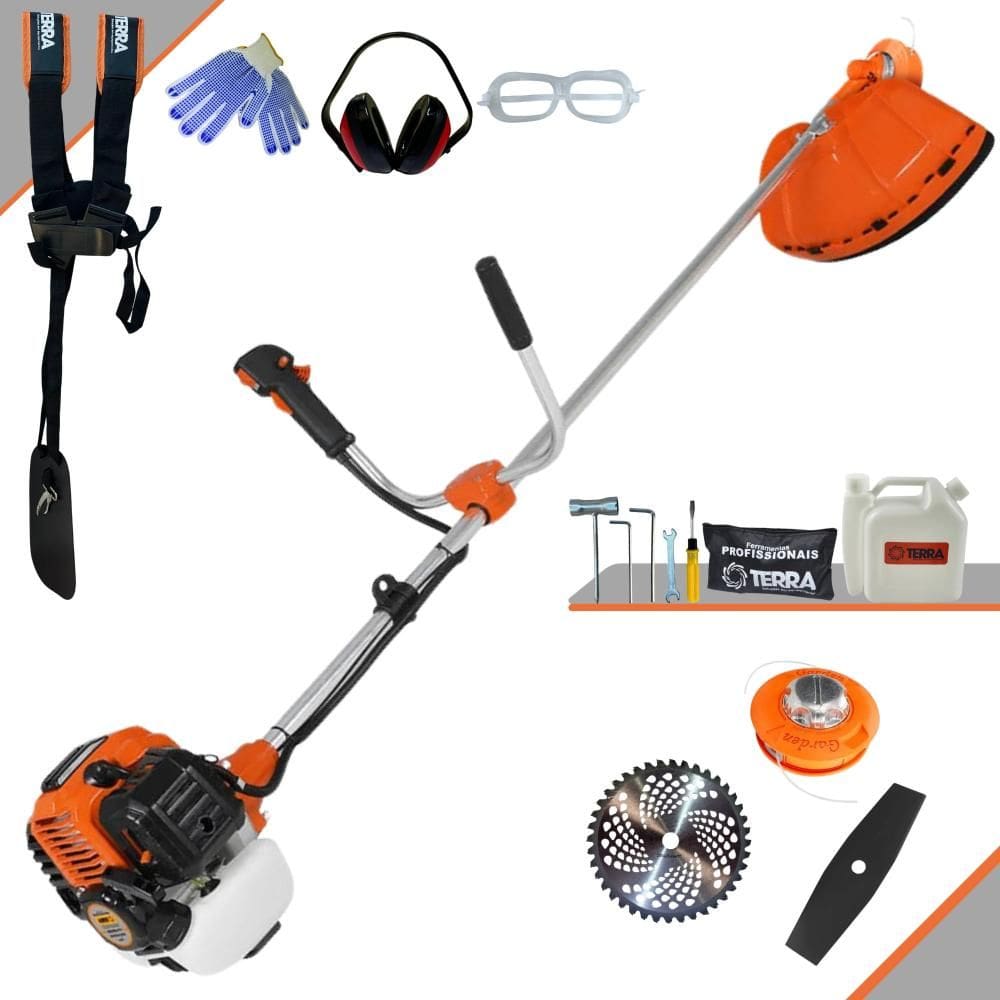 Roçadeira Completa Terra GR520-XP À Gasolina 2 Tempos 2,5HP de Potência 52cc 6.500rpm Com Carretel Nylon + Faca 40 Dentes Vídea + Faca 2 Pontas + EPI