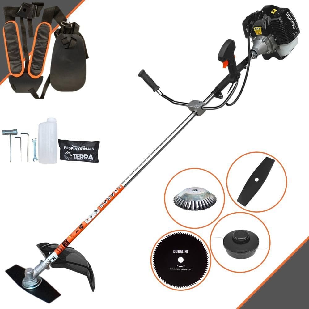 Roçadeira Profissional Terra GRH520 À Gasolina 52cc 2,5HP 4 Em 1 Com Carretel de Nylon + Lâmina 2 Pontas + Lâmina 80 Dentes + Escova Rotativa de Aço