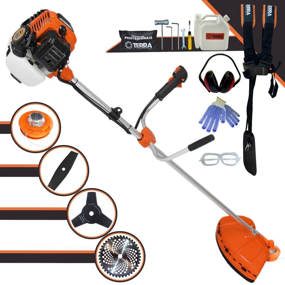 Roçadeira Lateral Multifuncional Terra GR520XP À Gasolina Motor 2 Tempos 2,5HP 52cc 6.500rpm Kit Extra de Faca 3 Pontas e Faca 40 Dentes Vídea + EPI