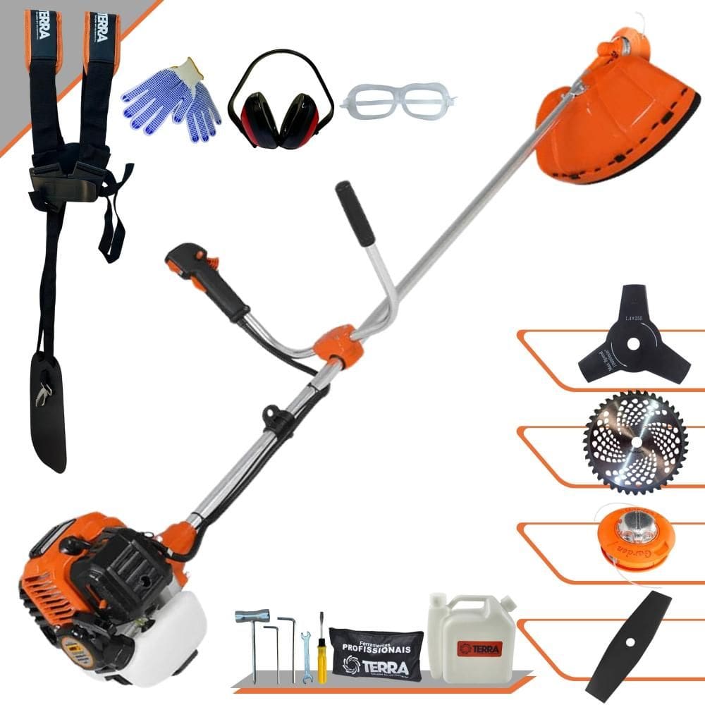 Roçadeira Terra GR520XP À Gasolina 52cc 2,5HP 6.500rpm Multifuncional Com Carretel Nylon + Faca 2 Pontas + Faca 3 Pontas + Faca 40 Dentes Vídea + EPI
