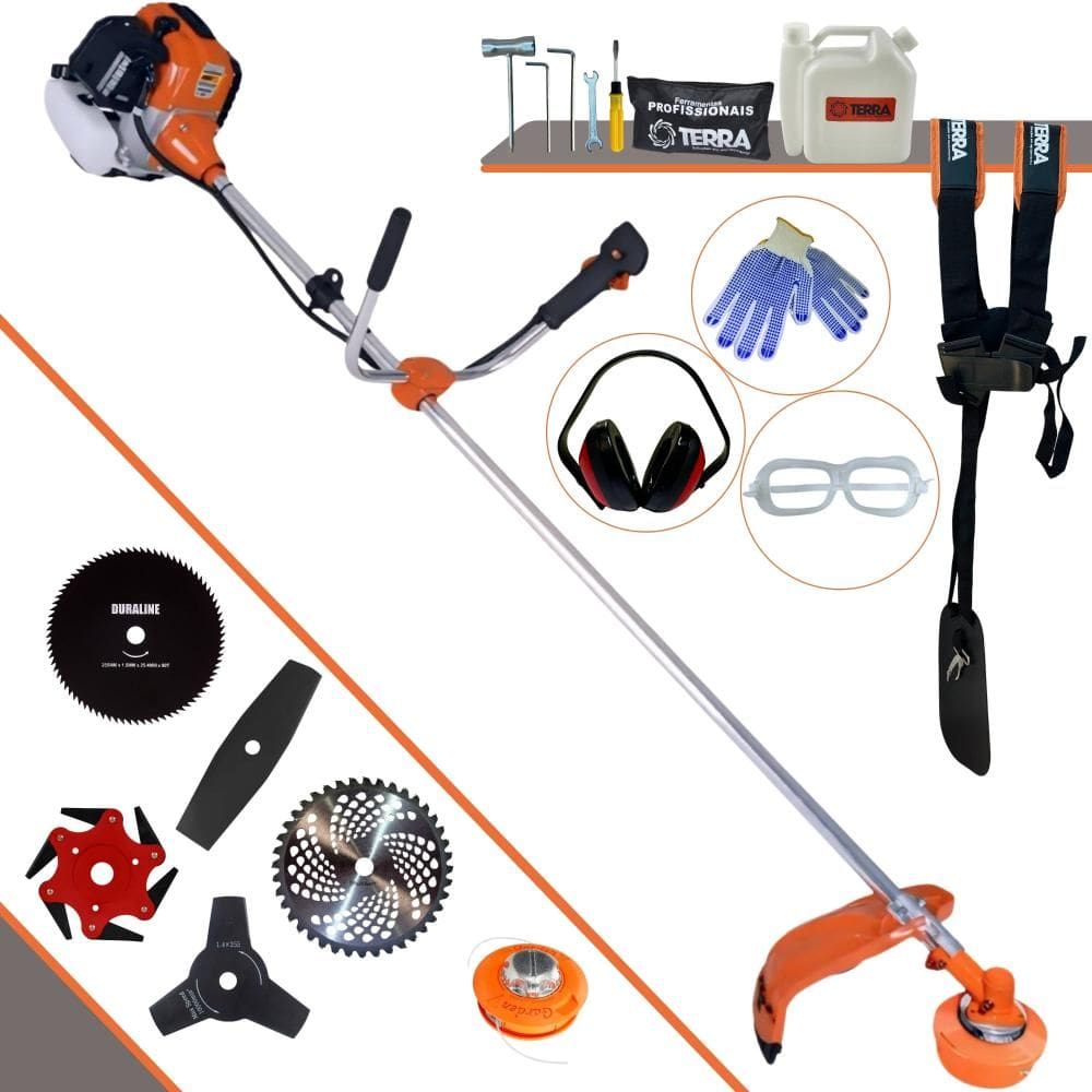 Roçadeira Terra GR520XP À Gasolina 2,5HP 52cc Com Carretel + Faca 2 Pontas + Faca 3 Pontas + Faca 6 Pontas + Faca 40 Dentes + Faca 80 Dentes + EPI