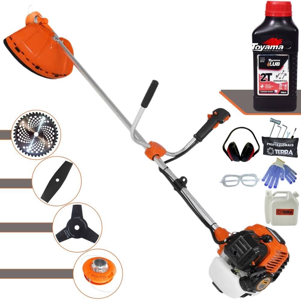 Roçadeira Multifuncional Terra GR520XP À Gasolina 52cc 2,5HP 6.500rpm 4 Em 1 Com Carretel Nylon + Kit 3 Lâminas de Corte + ÓLEO TOYAMA FG50 2T + EPI