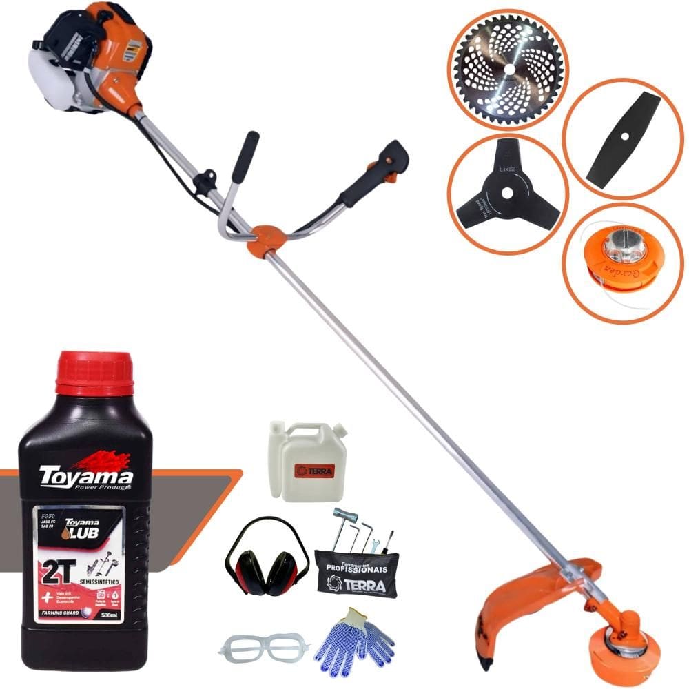 Roçadeira Aparador de Grama Lateral Terra GR520-XP À Gasolina 2T 52cc 2,5HP Robusta Com Carretel Nylon + Kit 3 Lâminas de Corte + ÓLEO TOYAMA 2T + EPI