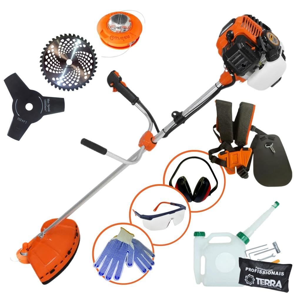 Roçadeira Robusta Terra GR520XP À Gasolina 52cc 2 Tempos 2,5HP de Potência 6500rpm Com Carretel Nylon + Lâmina 40 Dentes Vídea + Lâmina 3 Pontas + EPI