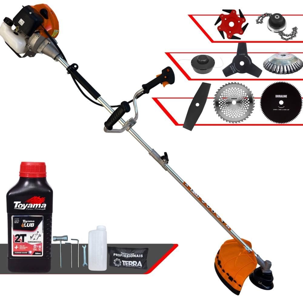 Roçadeira Terra GRHB430 Bipartido 43cc 1,7HP Com Carretel + Faca 2 Pontas, 3 Pontas, 6 Pontas, 40 Dentes, 80 Dentes, Trimmer e Escova + ÓLEO TOYAMA 2T