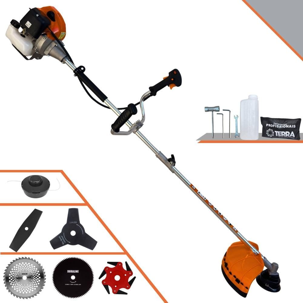 Roçadeira Terra GRHB430 Bi-Partida 43cc 2T 1,7HP Com Carretel Nylon + Faca 2 Pontas + Faca 3 Pontas + Faca 6 Pontas + Faca 40 Dentes + Faca 80 Dentes