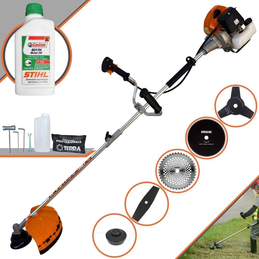 Roçadeira Aparador de Grama Lateral Terra GRHB-430 Bipartida À Gasolina 2T 43cc 1,7HP Robusta Com Carretel + Kit 4 Lâminas de Corte + ÓLEO STIHL 2T