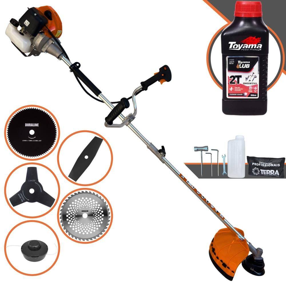 Roçadeira Robusta Terra GRHB430 Bi-Partida À Gasolina 43cc C/ Carretel + Faca 2 Pontas + Faca 3 Pontas + Faca 40 Dentes + Faca 80 Dentes + ÓLEO TOYAMA