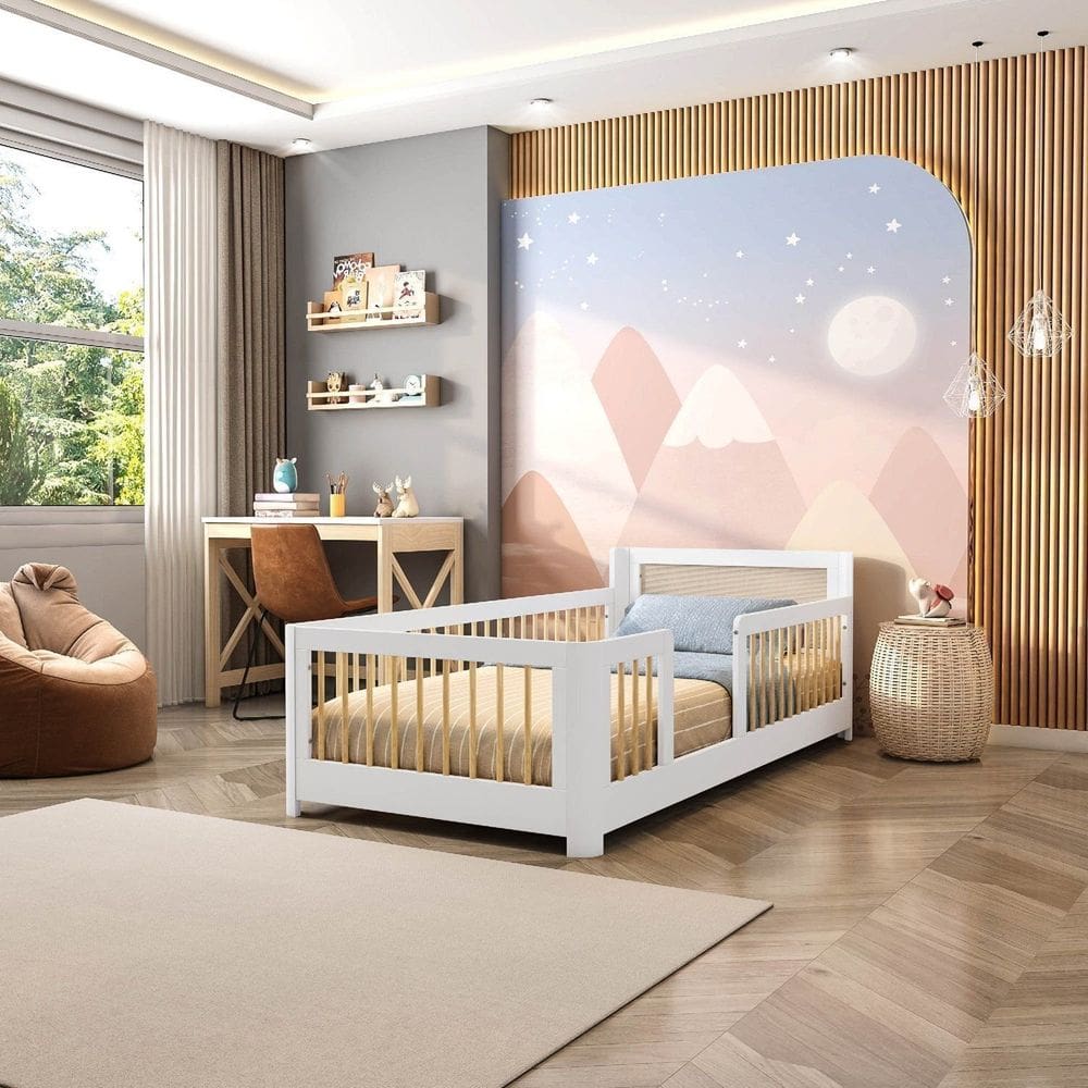 Cama Infantil Solteiro Montessoriano com Rattan Wave Casatema Branco/Natural