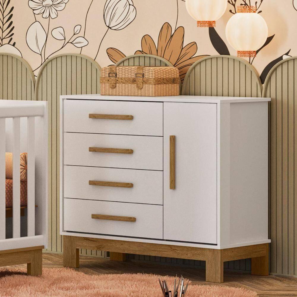 Cômoda Sapateira 1 Porta 4 Gavetas Encanto Slim Branco Acetinado