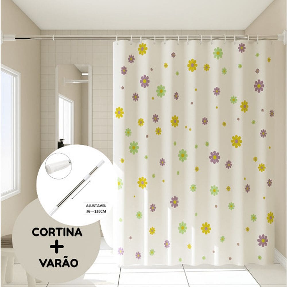 Kit Cortina Box para Banheiro com Varão Extensível Suporte Antimofo e Ganchos Diversas Cores