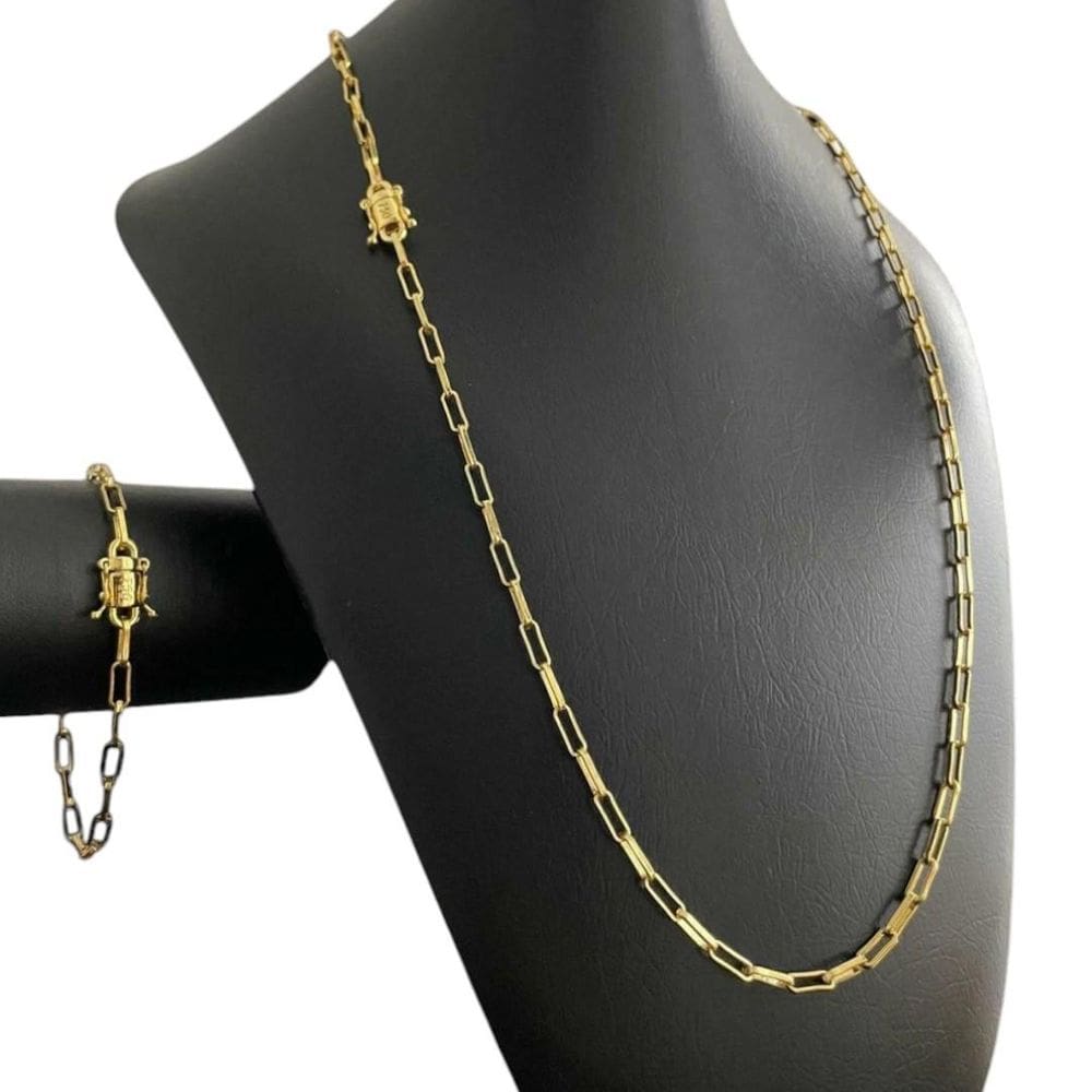 Cordão Tijolinho 4Mm + Pulseira - Banhado A Ouro 18K