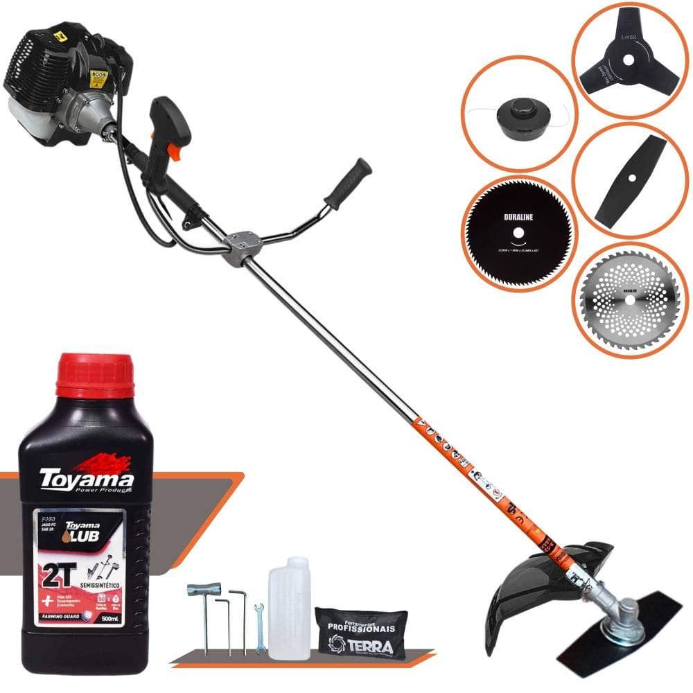 Roçadeira Terra GRH-520 52cc 2,5HP Com Carretel de Nylon + Lâmina Facão + Lâmina 3 Pontas + Lâmina 40 Dentes Videa + Lâmina 80 Dentes + ÓLEO TOYAMA 2T