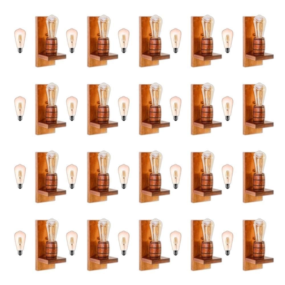 Kit 20 Arandelas Barril Delenha Decor Mogno + Lâmpadas