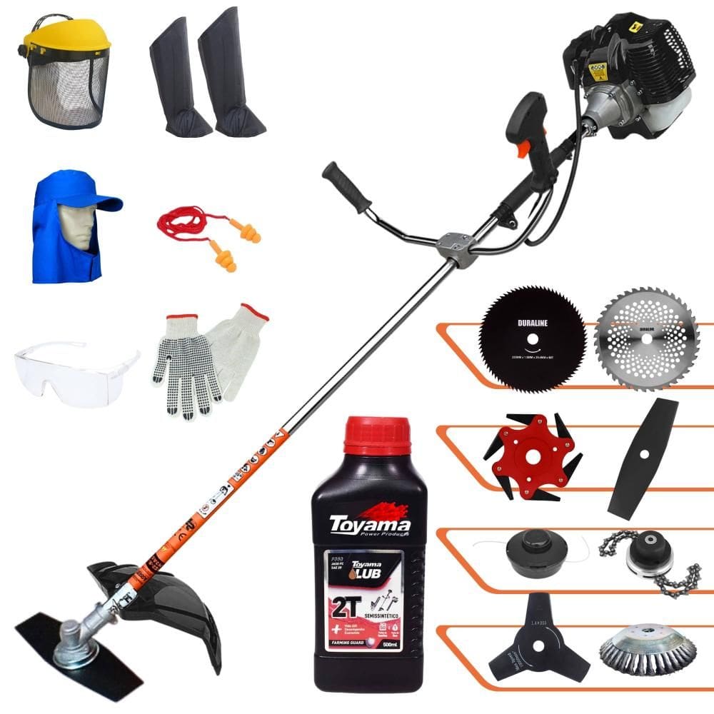 Roçadeira Terra GRH520 52cc Com Carretel + Facas 2 Pontas, 3 Pontas, 6 Pontas, 40 Dentes Vídea, 80 Dentes, Trimmer e Escova de Aço + EPI + ÓLEO TOYAMA