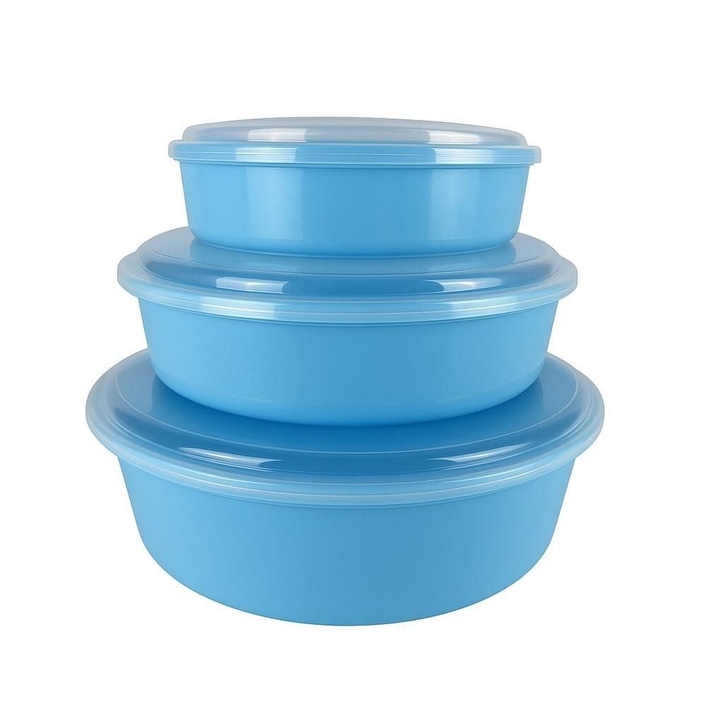 Kit 3 Potes Recipientes Redondos Multiuso Marmita Lanche Fitness Organizador Alimentos Redondo Plastico Azul