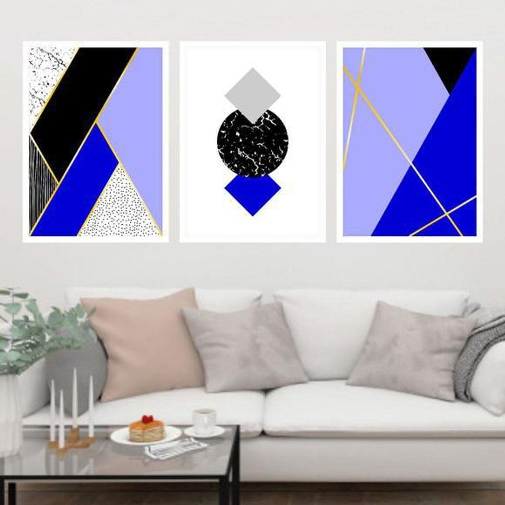 Kit 03 Quadros Decorativos Geométrico Azul E Preto