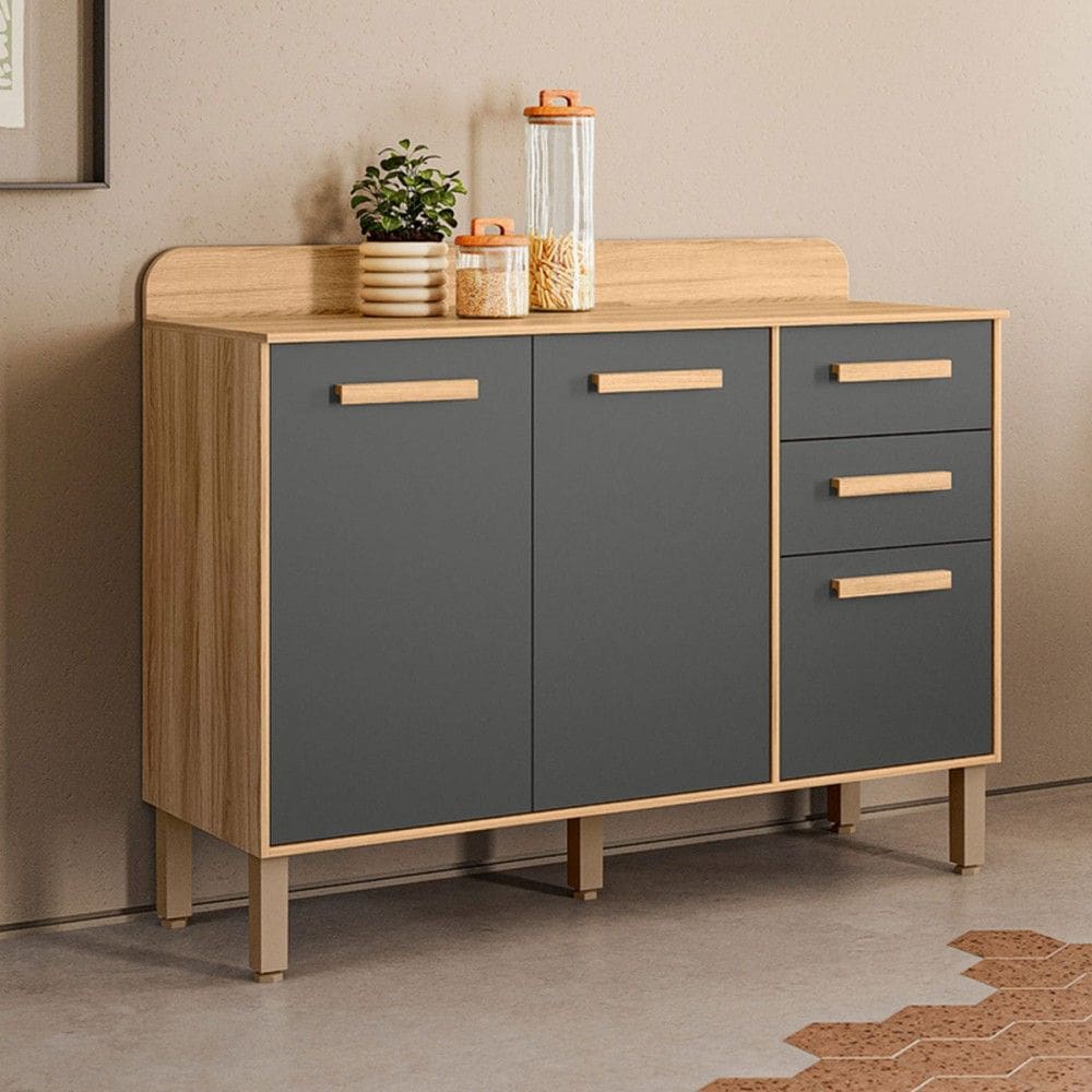 Balcão de Cozinha Maria Flor 3 Portas 2 Gavetas Freijó/Cinza - Nicioli