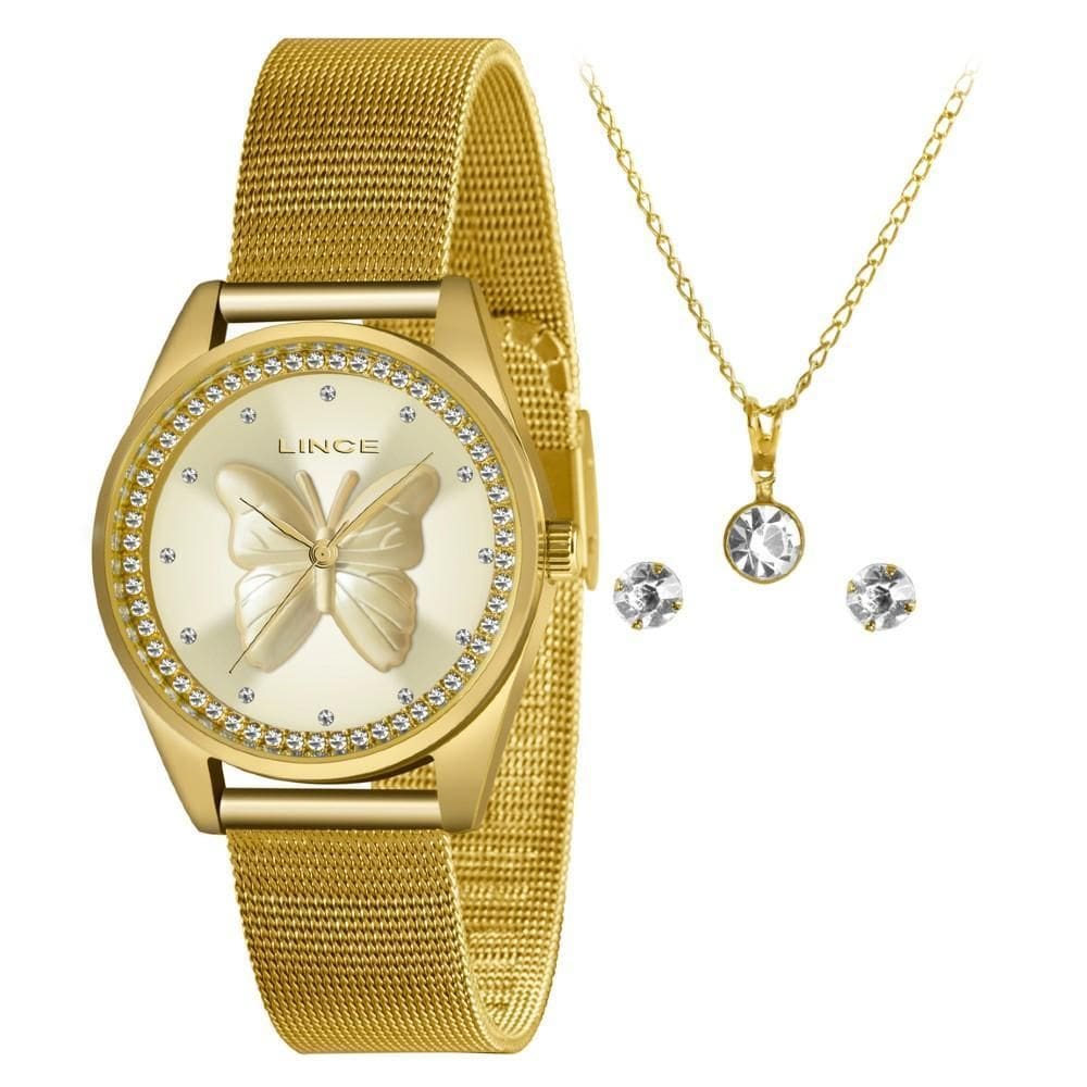 Kit Relógio Feminino Lince Dourado LRGJ146L KN94C1KX