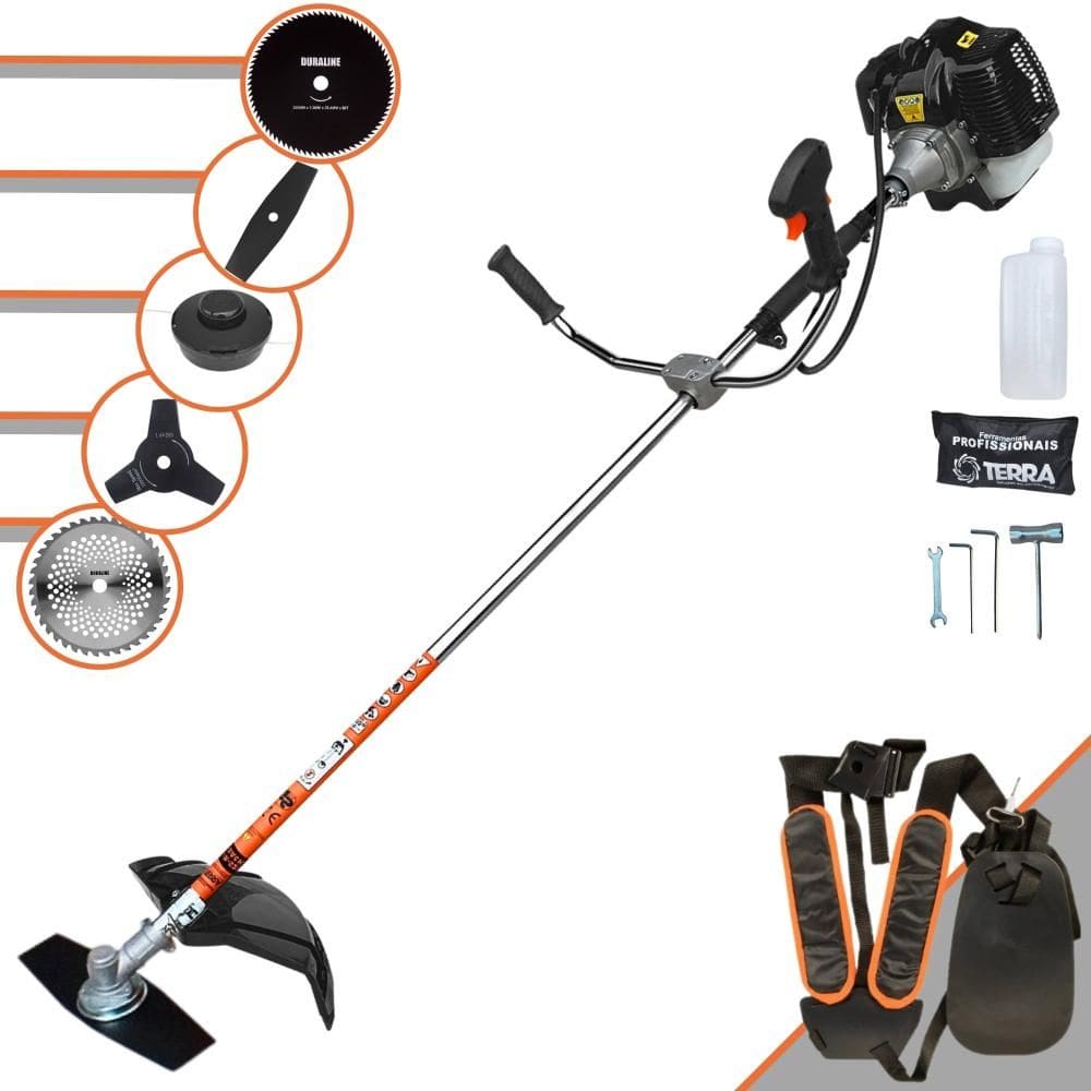 Máquina de Cortar Grama Terra GRH-520 À Gasolina 2 Tempos 52cc 2,5HP 6.500rpm Roçadeira Profissional Completa Multifuncional Com 5 Opções de Cortes