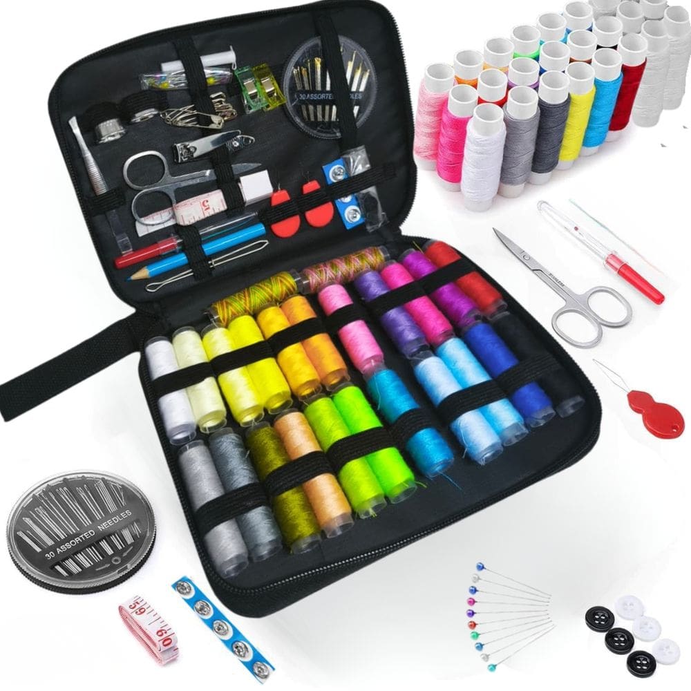 Kit de Costura Completo 92 Peças com Estojo Preto, Linhas Coloridas Agulhas Tesoura Botões e Acessórios