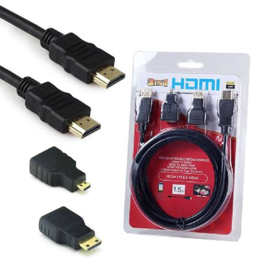 Cabo HDMI 1080p 3x1 com 2 Adaptadores Pontas Micro e Mini HDMI 1.8 Mts