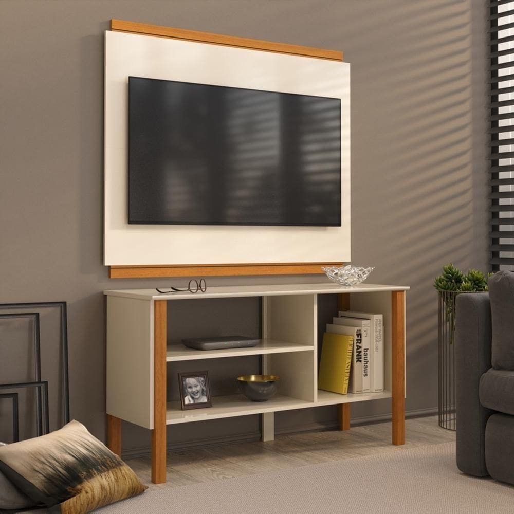 Rack Tv 32 Polegadas Com 3 Prateleiras E Painel 90cm Asteca - Off White E Cedro