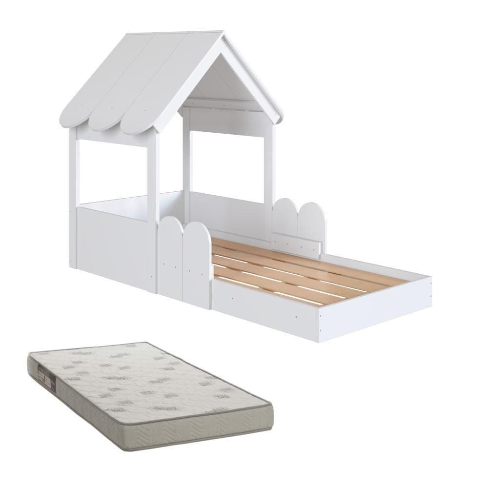 Cama Infantil Montessoriana Casinha Com Colchão E Telhado Em Mdp Branco