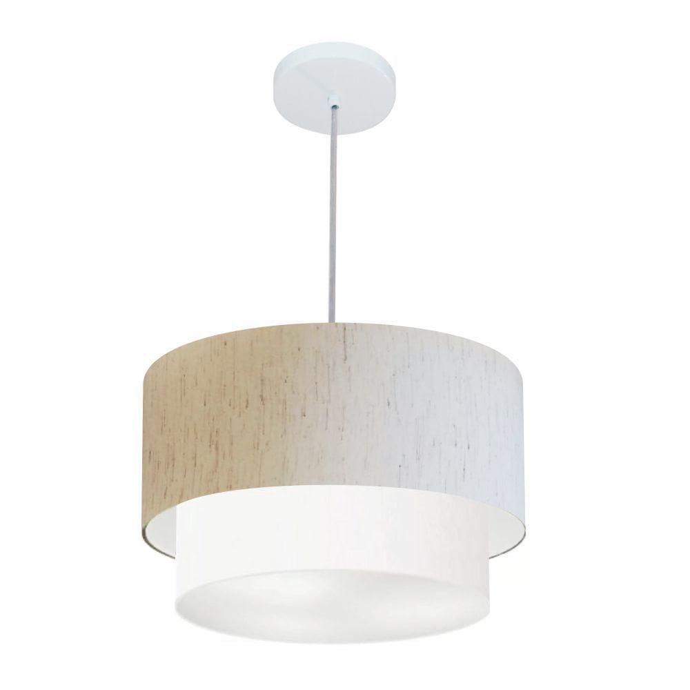Lustre Pendente Duplo Cilíndrico Vivare Md-4350 Cúpula Tecido 45x40cm - Bivolt Linho-bege-branco 127/220v