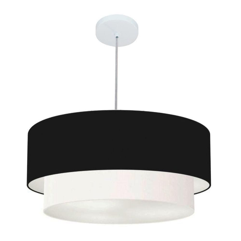Lustre Pendente Duplo Cilíndrico Vivare Md-4353 Cúpula Tecido 60x50cm - Bivolt Preto-branco 127/220v