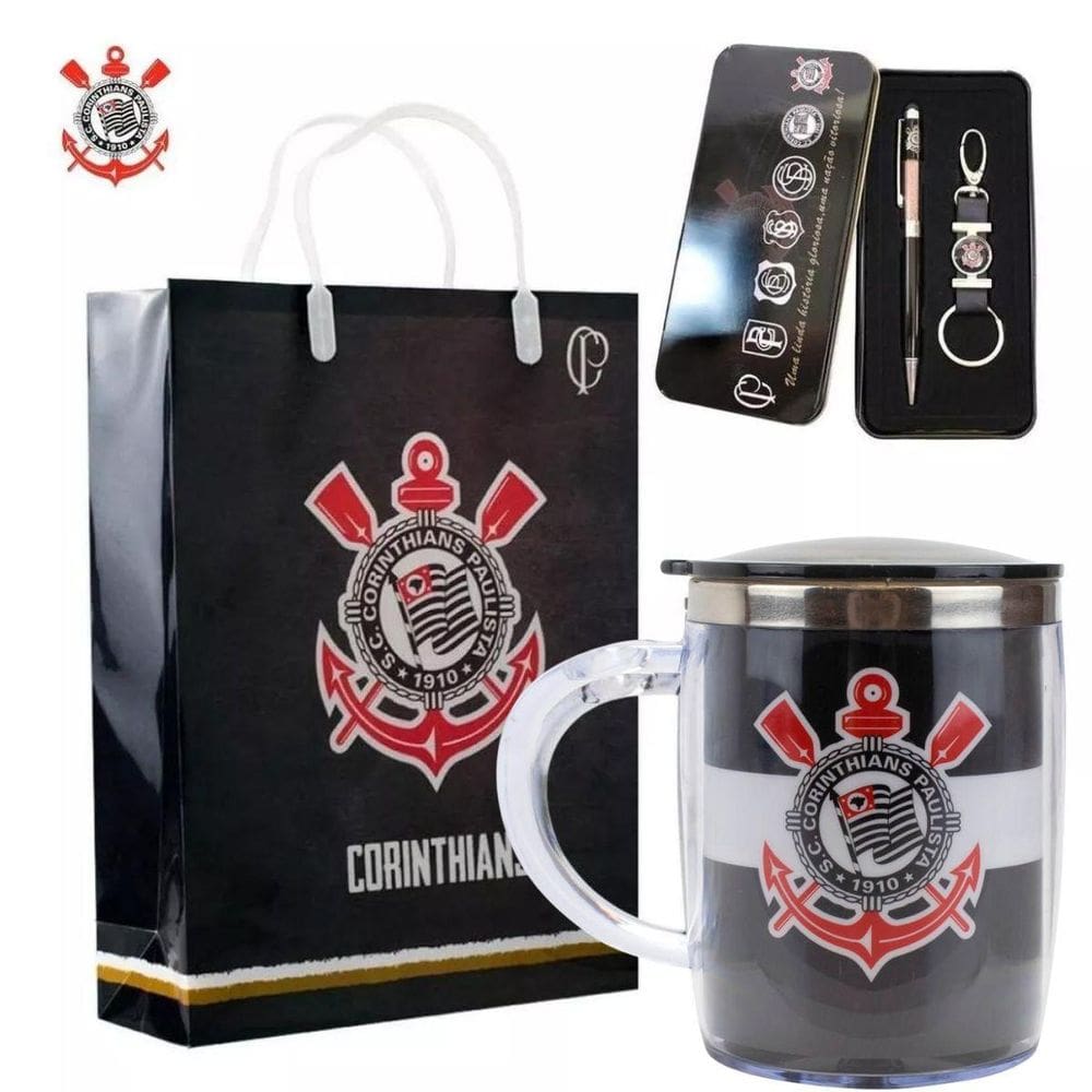 Kit Presente Sacola Caneta Caneca Térmica 450Ml Corinthians