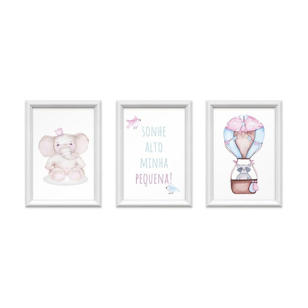 Kit 3 Quadros Decorativos Elefante Balão Rosa 24X34Cm