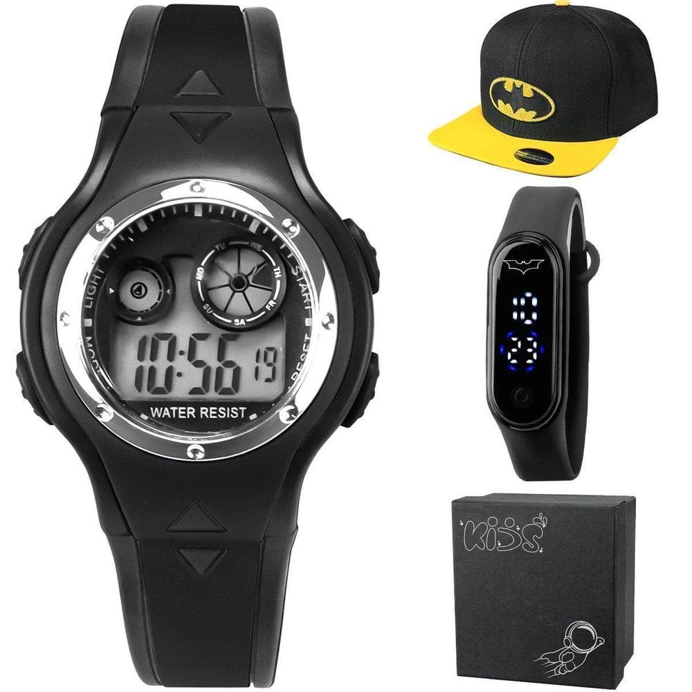 Relogio Digital Preto Infantil Criança Batman + Bone + Caixa