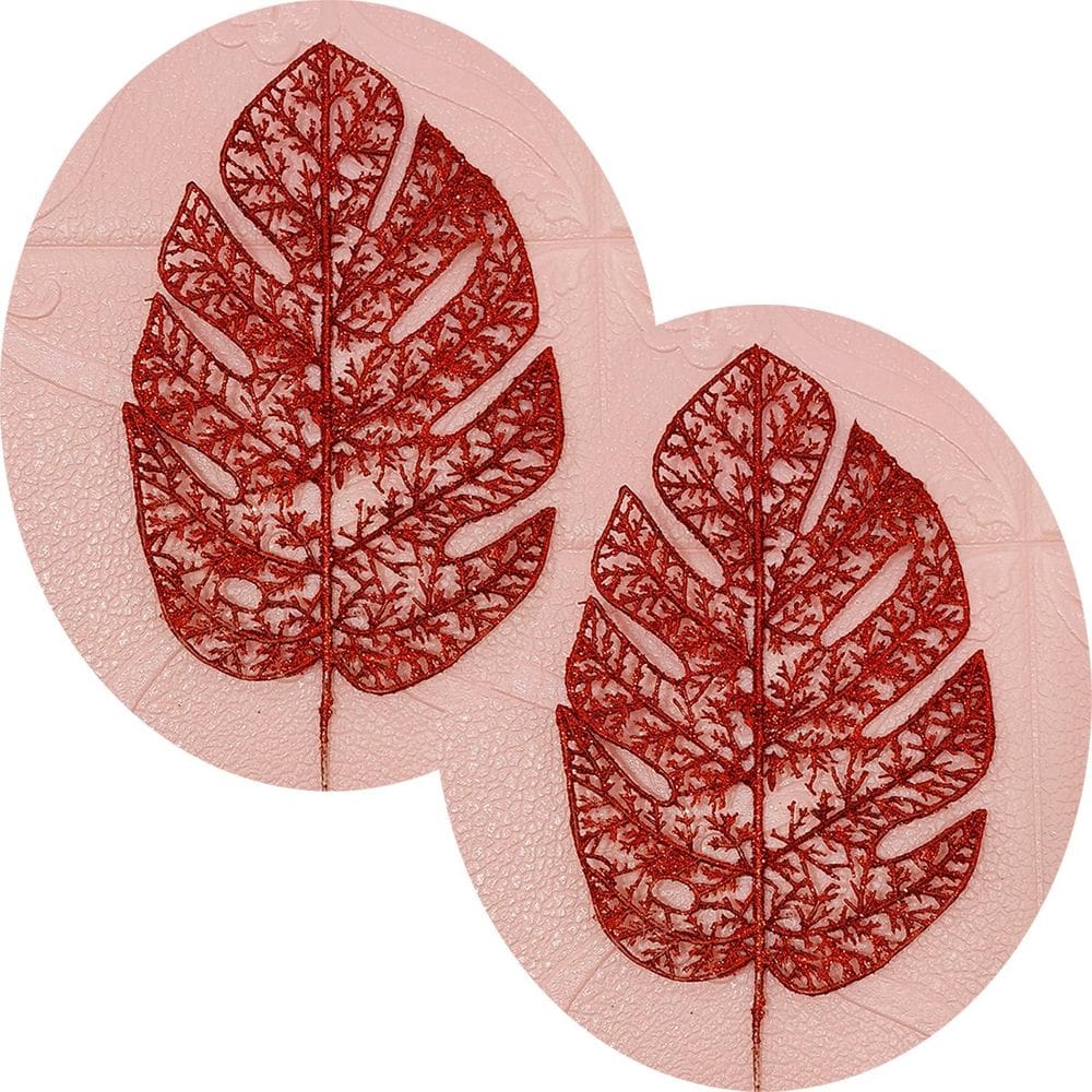 Folhas Flores Enfeite Natal Gliter Vermelho 35cm Kit 8pçs