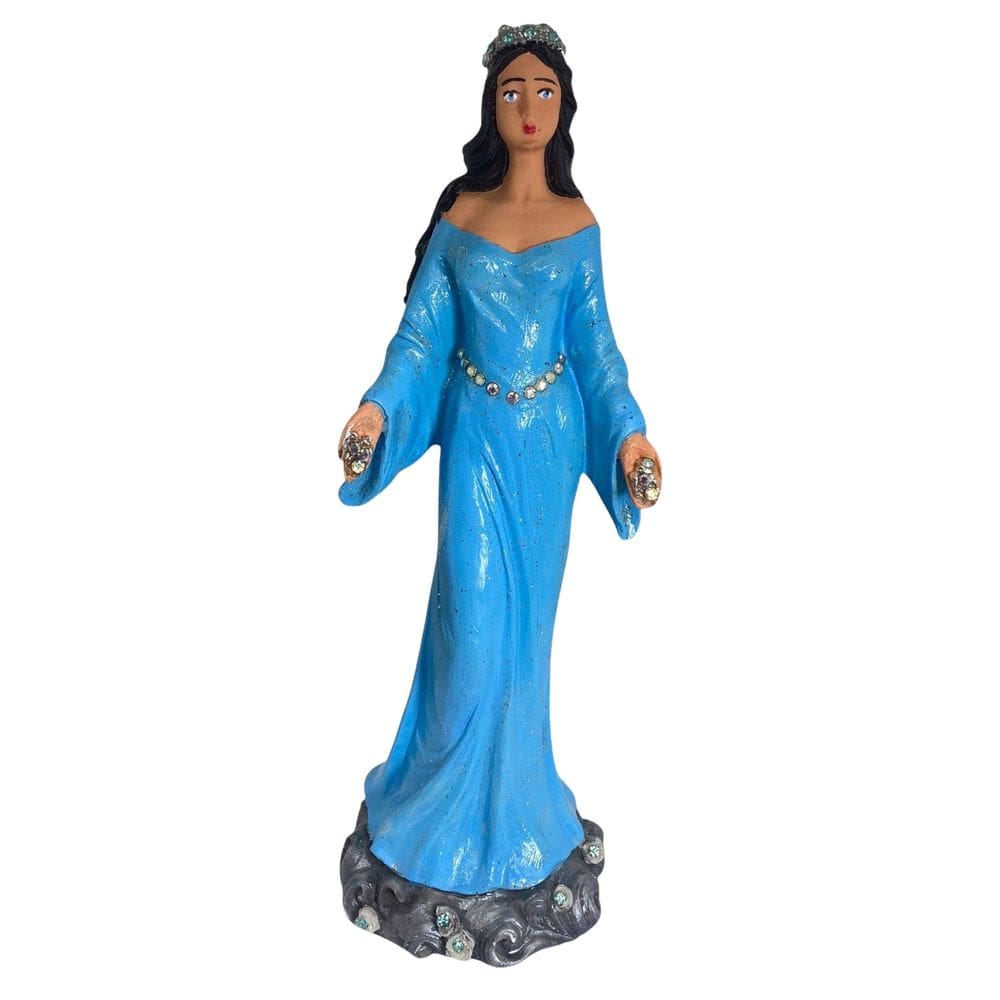 Escultura Iemanjá 27 Cm Umbanda Manto Azul Claro Em Resina