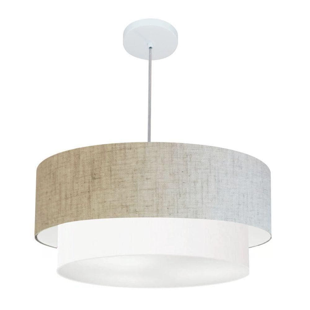 Lustre Pendente Duplo Cilíndrico Vivare Md-4353 Cúpula Tecido 60x50cm - Bivolt Rustico-bege-branco 127/220v