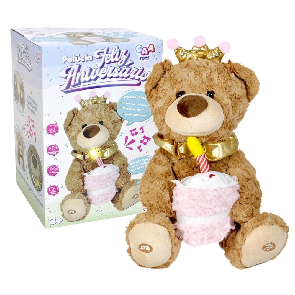 Urso Pelúcia Musical Com Luz E Som Brinquedo Interativo 30Cm
