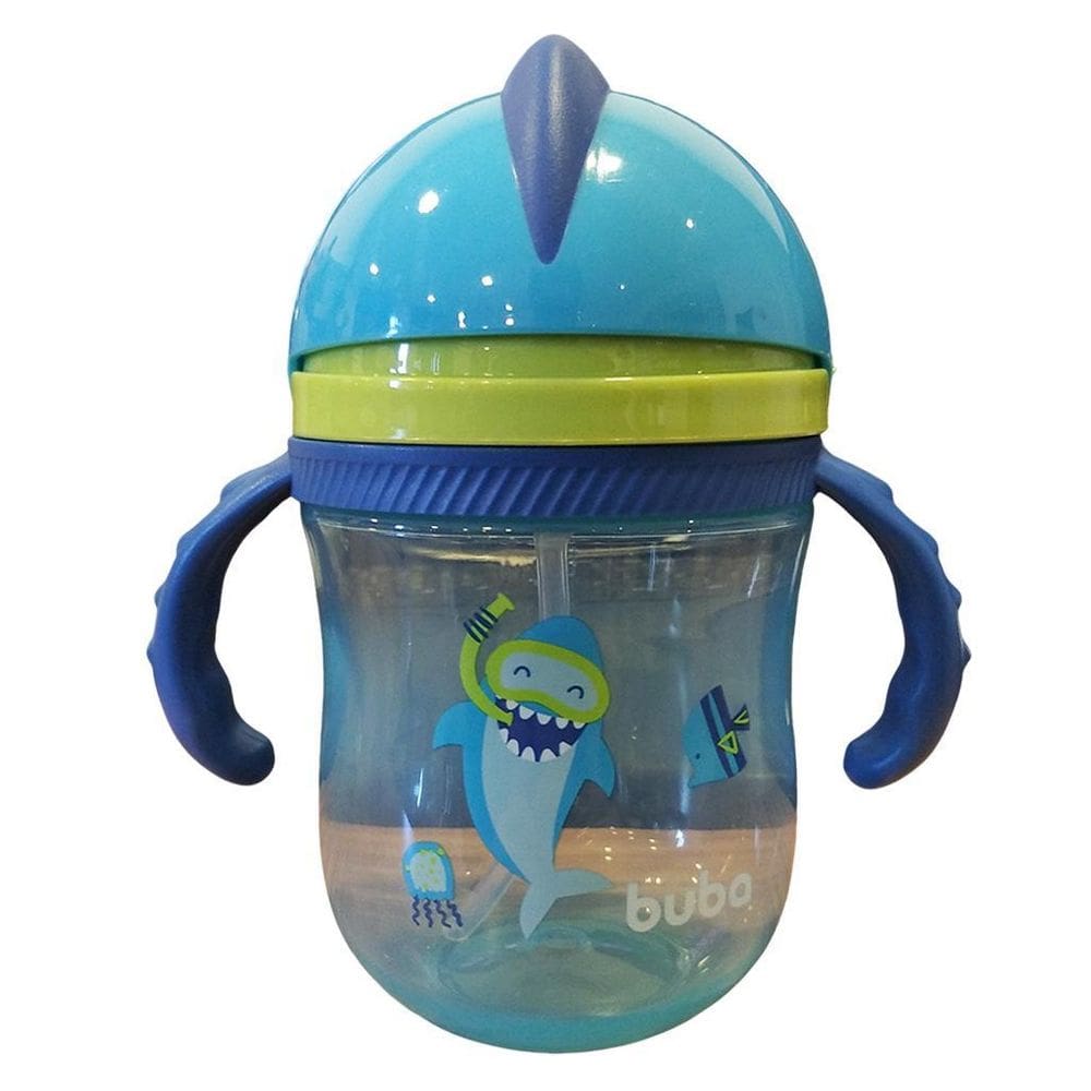 Copo Com Alça Azul Tubarão E Canudo De Silicone 16940 Buba