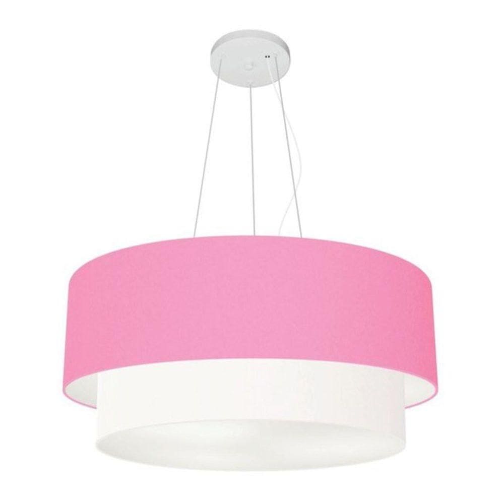Lustre Pendente Duplo Cilíndrico Vivare Md-4370 Cúpula Tecido 55x50cm - Bivolt Branco-rosa-bebê 127/220v