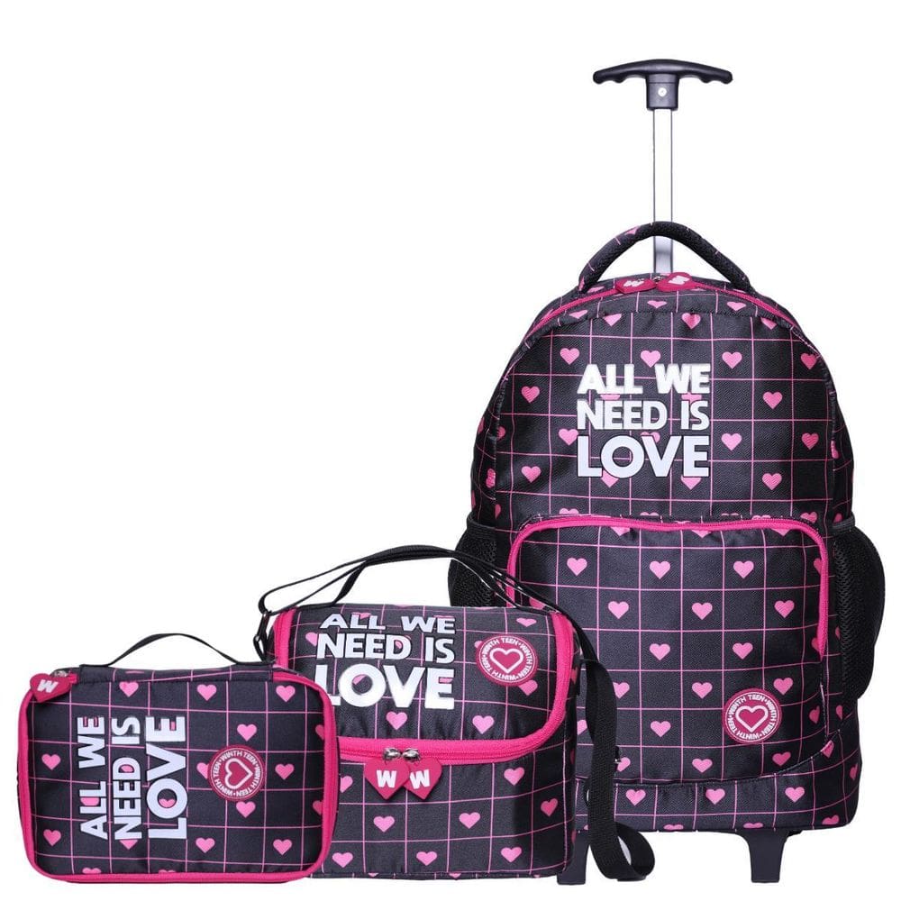 Kit Mochila De Rodinha Bolsa Estojo Lancheira Coração -Preto