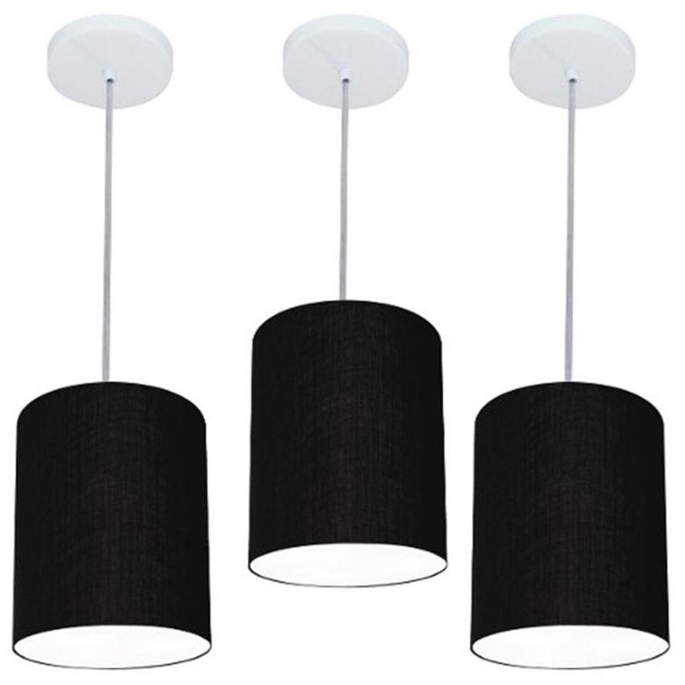 Kit/3 Lustre Pendente Cilíndrico Md-4012 Cúpula Em Tecido 18x25cm Preto - Bivolt