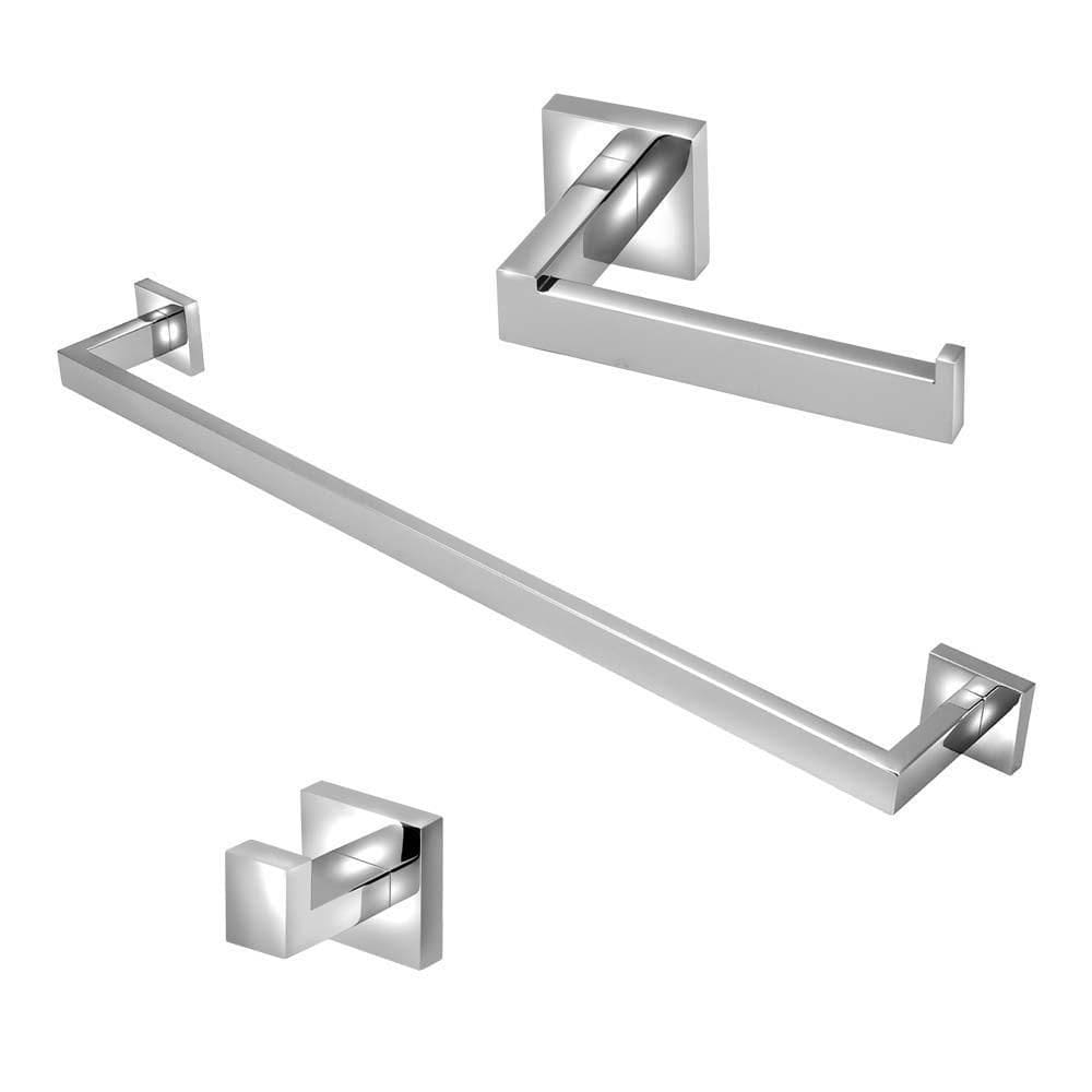 Kit Acessórios Para Banheiro Metal Cromado Quadrado 3 Peças