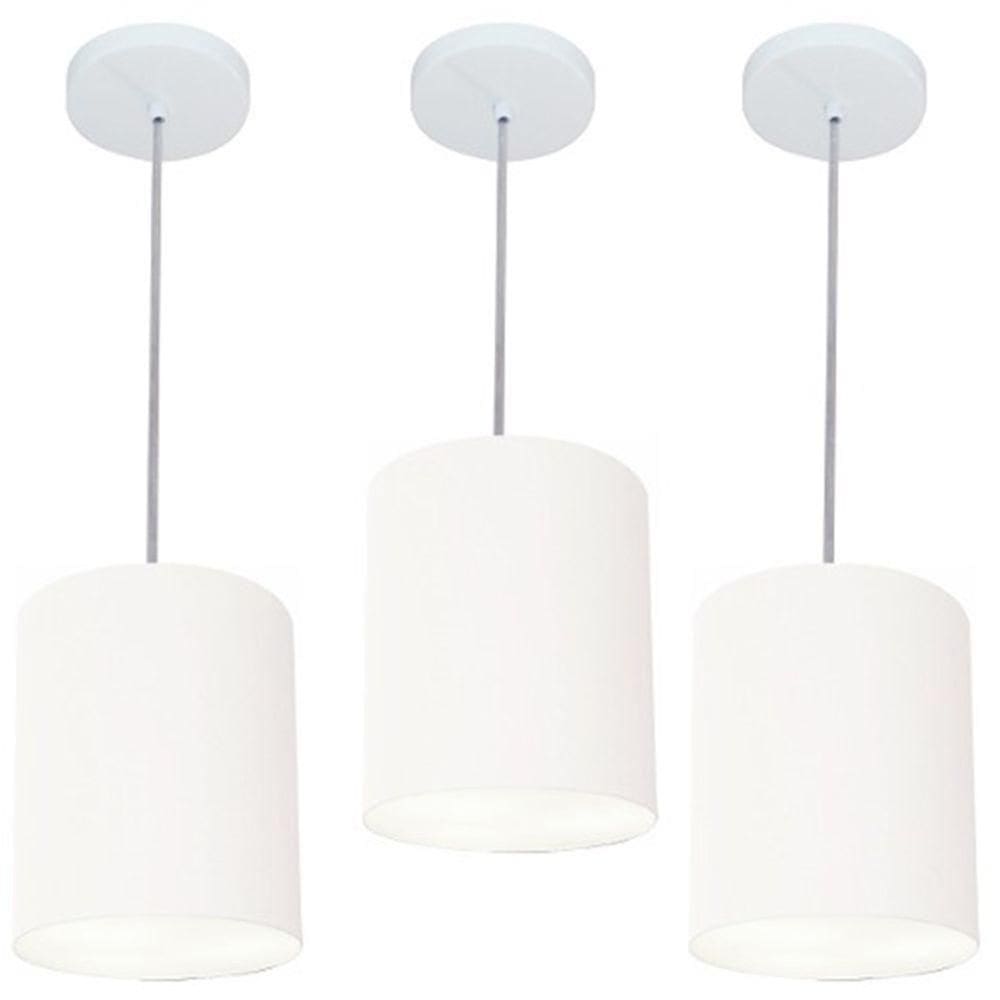 Kit/3 Lustre Pendente Cilíndrico Md-4012 Cúpula Em Tecido 18x25cm Branco - Bivolt