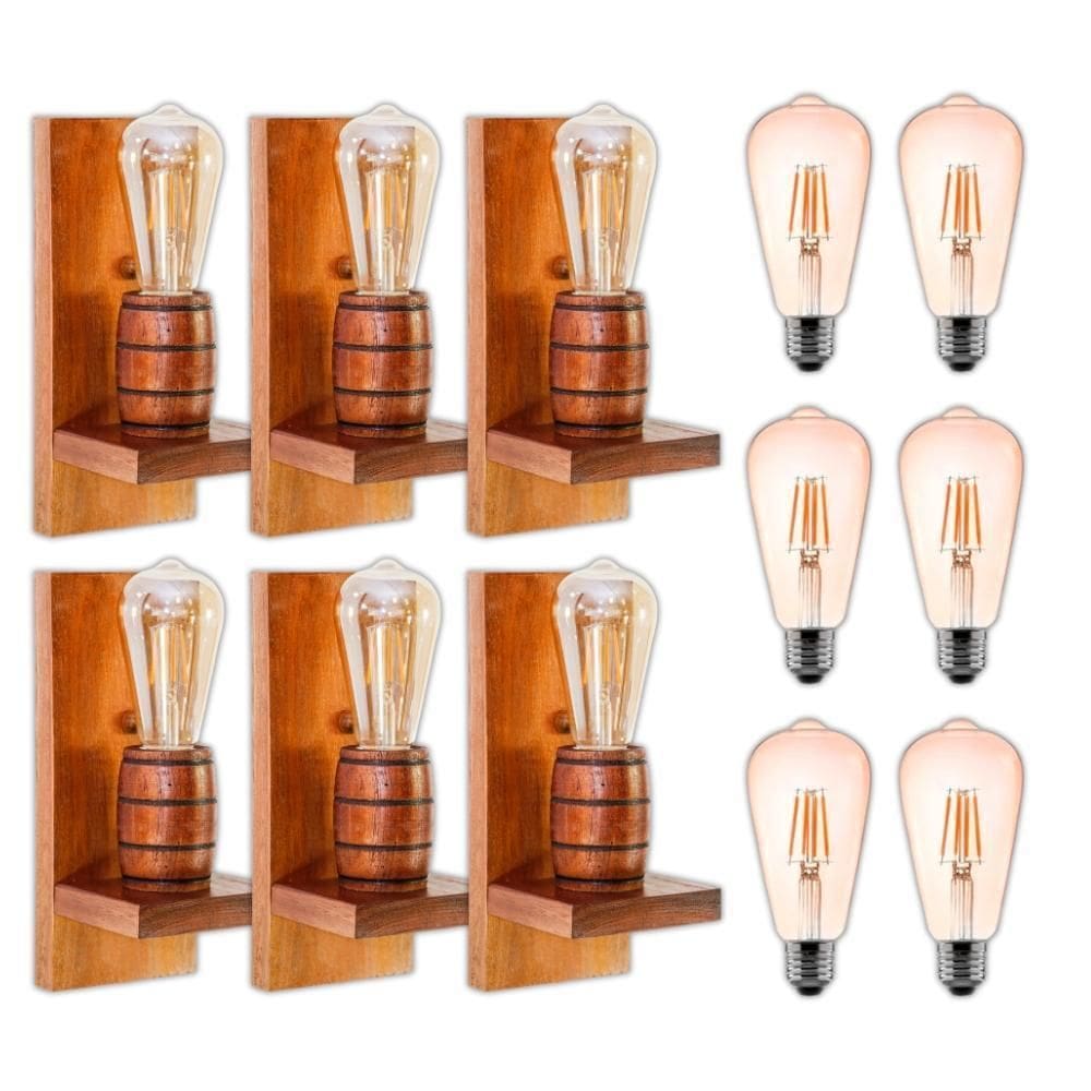 Kit 6 Arandelas Barril Delenha Decor Mogno + Lâmpadas