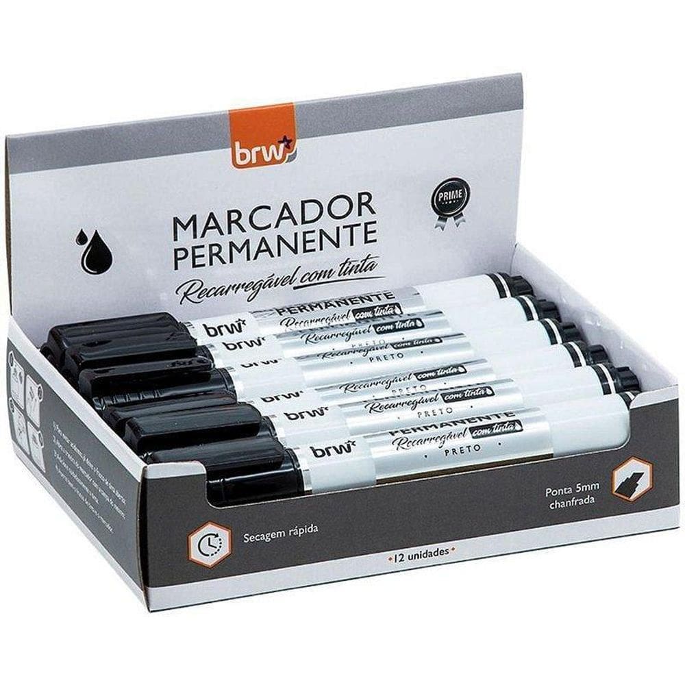 Pincel Marcador Permanente Prime Recarregável Preto Cx C/12