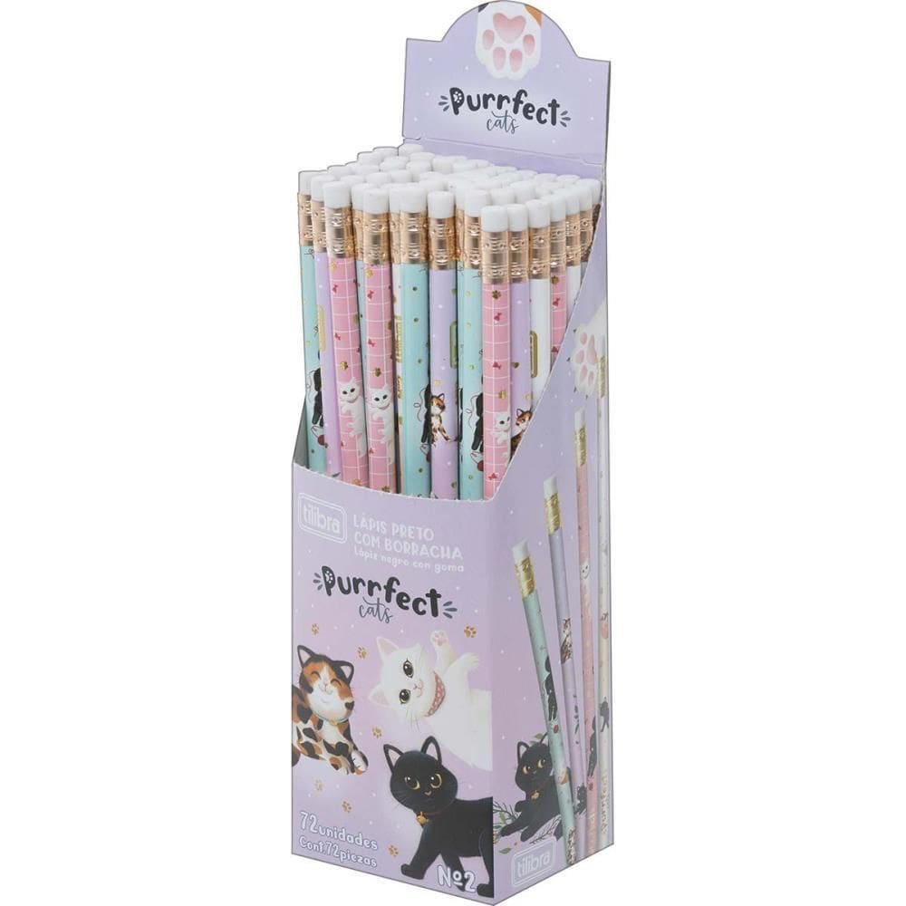 Lapis Preto Redondo Decorado Purrfect Cats C/Borracha Dp.C/7